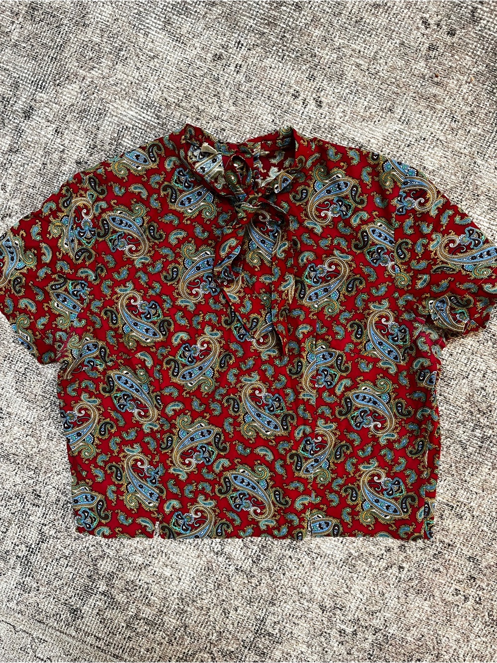 Vintage Red Paisley Tie-Neck Short Sleeve Blouse S Western
